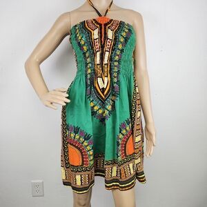 Dashiki Print Smocked Halter Dress Standard Size African Boho Hippie 70s